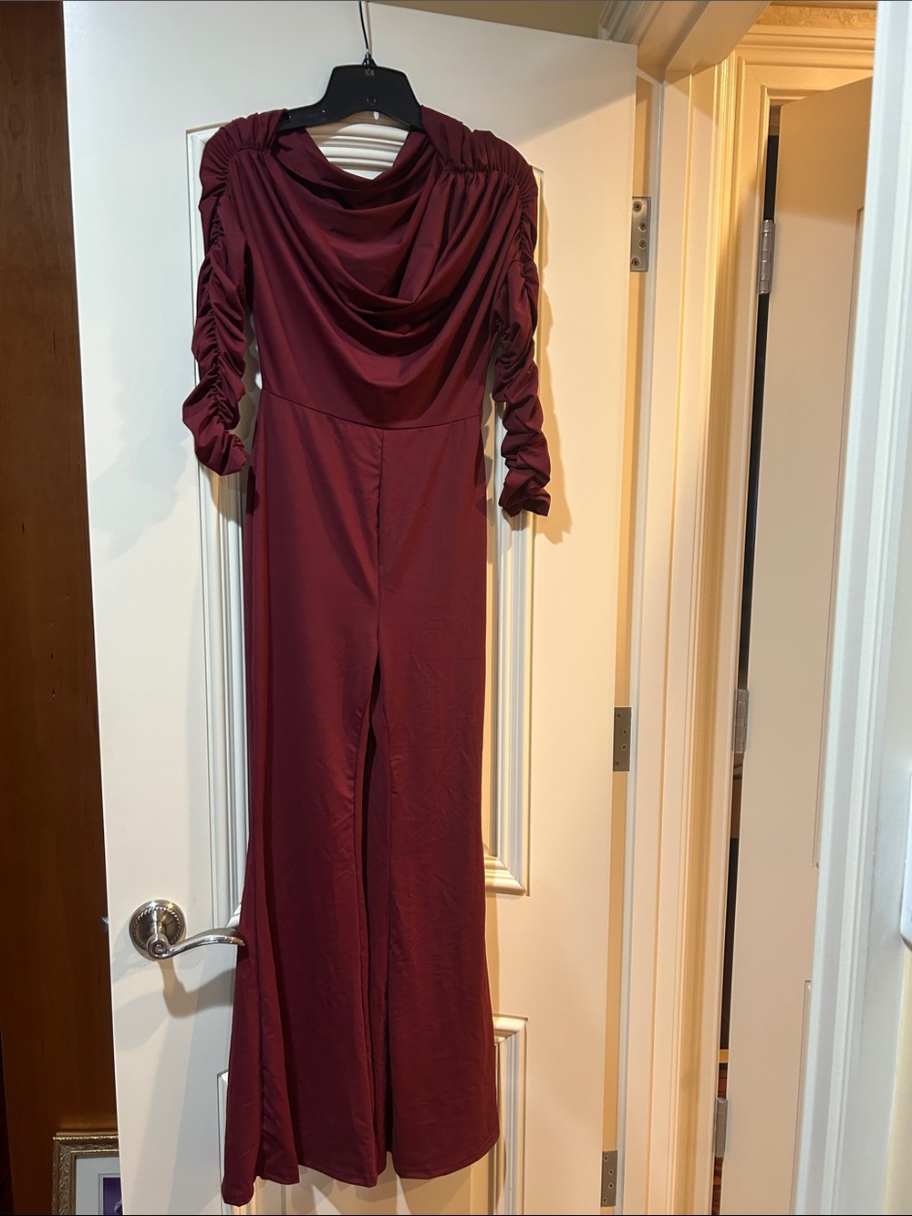 SHEIN Burgundy Ruched Sleeve Cowl Neck Jumpsuit